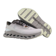 On Cloudmonster Running Shoes in Light Gray and Taupe