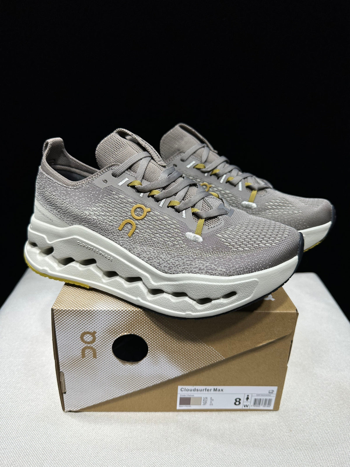 On Cloudsurfer Max Gray Beige Running Sneakers